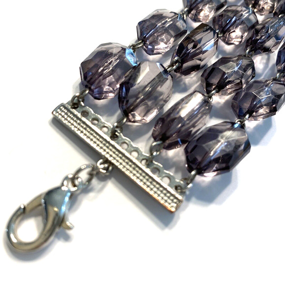 Multistrand Beaded Bracelet Silver Chain Faceted Chunky Purple Beads Chic Runway - Picture 2 of 6